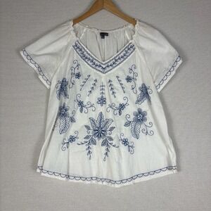 Peasant Blouse Womens XL Dainty Cap Sleeve Embroidered Boho Fairy Cottagecore